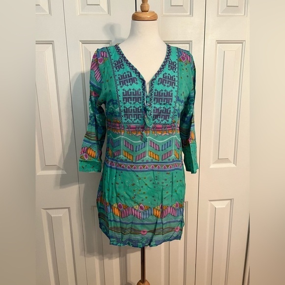 NWT Sakkas Carina Tie Front 3/4Sleeve Tunic with Cross Stitch Embroidey - Picture 6 of 11